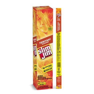 Slim Jim Giant Smoked Meat Sticks, Teriyaki Flavor, 6g Protein Per Stick, Valentine's Day Gift For Him, 0.97 oz. (24 Count)