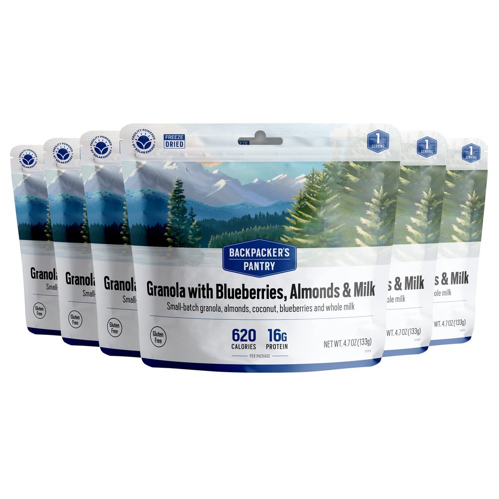 Backpacker's Pantry Granola with Blueberries Almonds & Milk - Freeze Dried Backpacking & Camping Food - Emergency Food - 16 Grams of Protein, Vegetarian - 6 Count