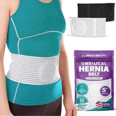 BraceAbility Umbilical Hernia Belt - Abdominal Binder Truss with Compression Pad for Belly Button, Navel, Ventral, Epigastric, Hiatal Hernia Relief, Surgery Brace for Men or Women (L/XL 5" White)