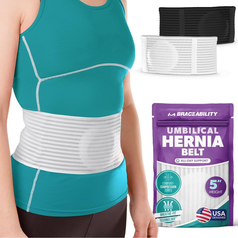 BraceAbility Umbilical Hernia Belt - Abdominal Binder Truss with Compression Pad for Belly Button, Navel, Ventral, Epigastric, Hiatal Hernia Relief, Surgery Brace for Men or Women (L/XL 5" White)