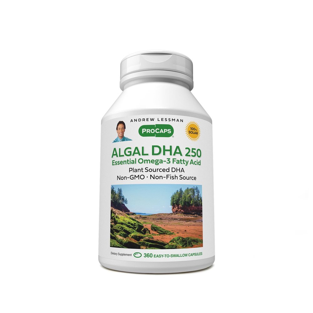 ANDREW LESSMAN Algal DHA 250mg 180 Softgels - Plant-Based Omega-3 Oils, Natural Marine Algae, High DHA, Non-GMO, High Potency, No Stomach Upset, No Fishy Aftertaste. Small Easy to Swallow