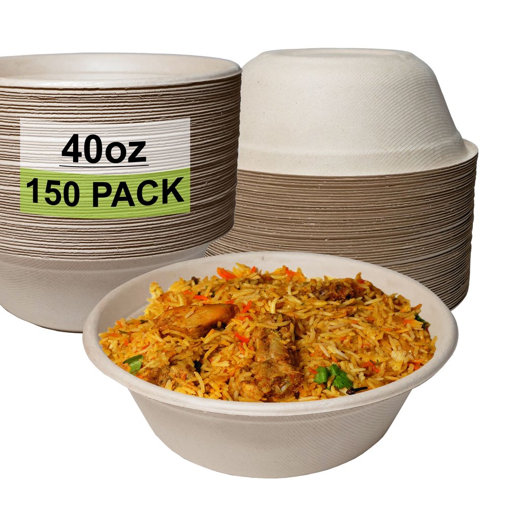 150 Count - EcoQuality 40oz Round Disposable Bowls Natural Sugarcane Bagasse Bamboo Fibers Sturdy Compostable Eco Friendly Environmental Paper Plastic Bowl Alternative Tree Free
