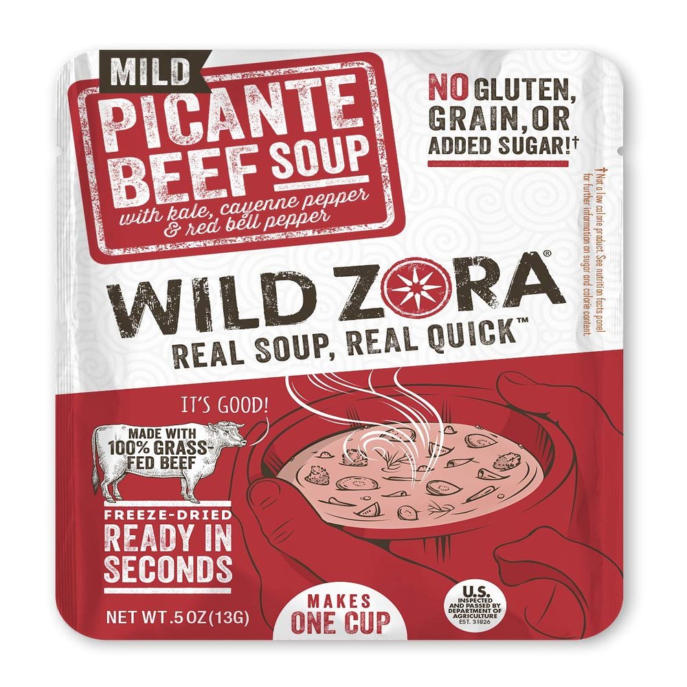 Wild Zora Instant Keto-Friendly Soups Picante Beef 8-pack Broth Made with 100% Grass-Fed Beef, and Vegetables, Gluten-Free, Grain Free, Low Carb, No Added Sugar, Flavorful Pantry Staples - 0.5oz/13g