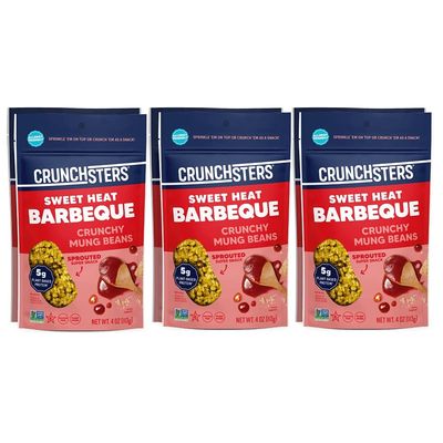 Crunchsters Crunchy Sprouted Mung Beans, Plant-Based Protein Super-Snack and Salad Topper, Gluten-Free, Nut-Free, Vegan, 6g Protein per Serving, 4oz. Bags (6 Pack, Sweet Heat Barbecue)