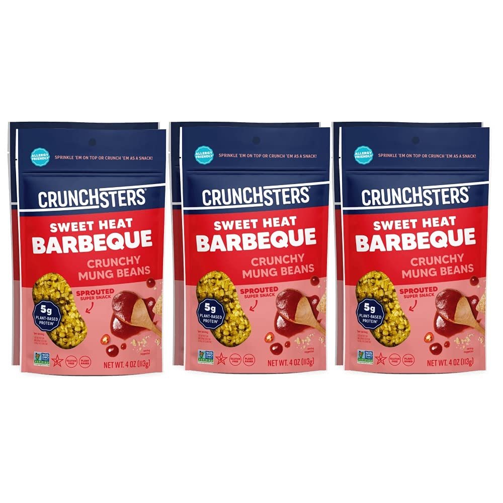Crunchsters Crunchy Sprouted Mung Beans, Plant-Based Protein Super-Snack and Salad Topper, Gluten-Free, Nut-Free, Vegan, 6g Protein per Serving, 4oz. Bags (6 Pack, Sweet Heat Barbecue)