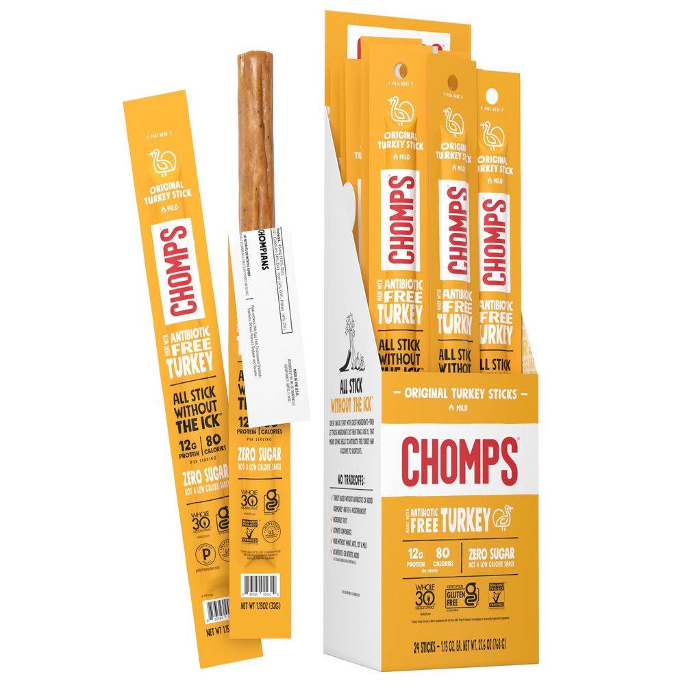 Chomps Original Turkey Jerky Snack Sticks Keto Paleo Whole30 Approved Gluten Free 1.15oz (24 Pack)
