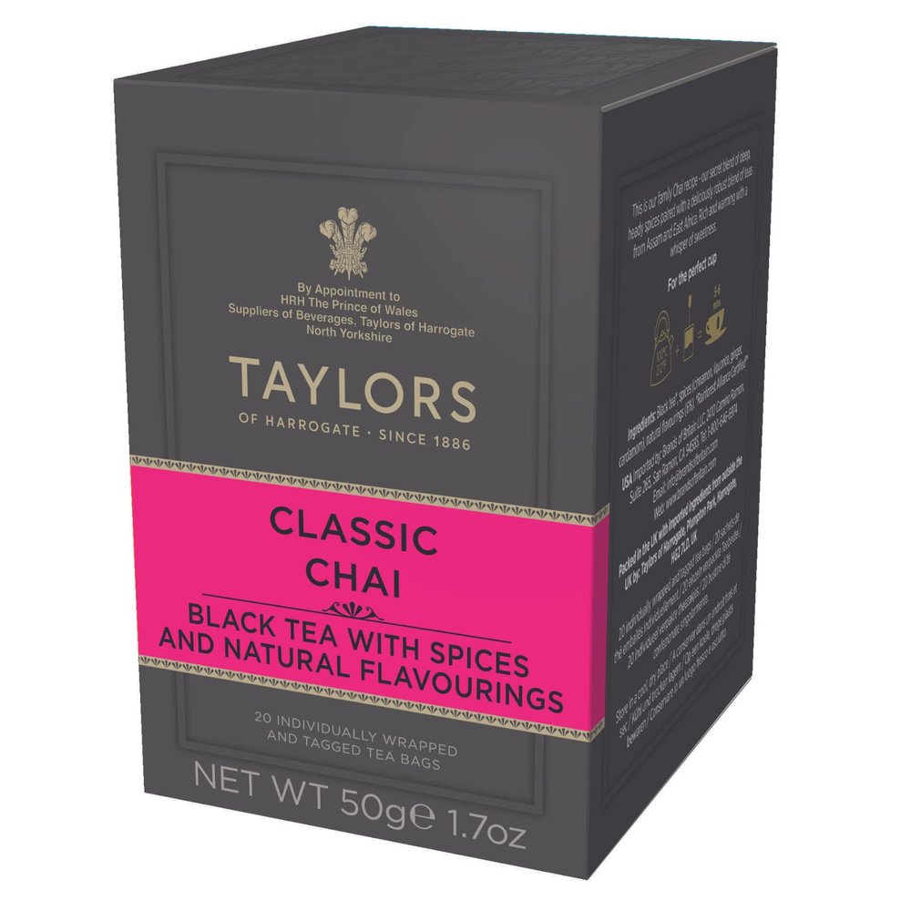 Taylors of Harrogate Classic Chai, Black Tea, Individually Wrapped Bags, 20 Count (Pack of 1), Spiced, Aromatic & Warming, Caffeinated, Enjoy Hot or Iced, 20 Teabags