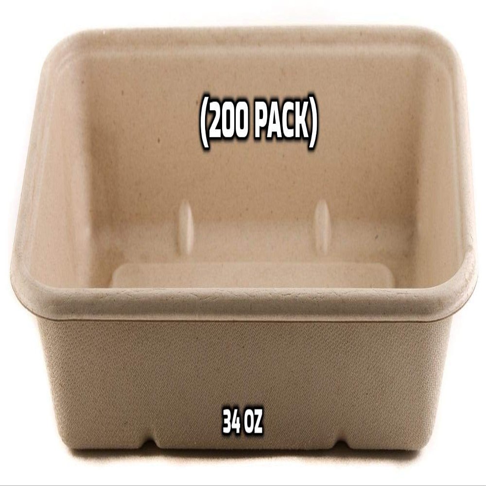 [200 Pack] 34oz Compostable Eco Friendly Container Trays - Rectangular Oblong Tree Free Sugarcane Bagasse Meal Prep Bento Boxes Take Out Catering Microwavable Deep Container by EcoQuality