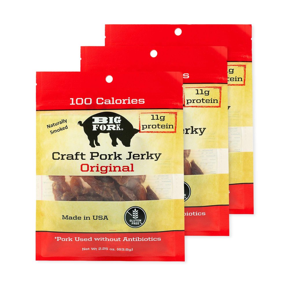 Craft Pork Jerky, Original Flavor, 3 x 2.25 oz Bags  Tender, Hickory-Smoked Heritage Pork Jerky | Keto, Paleo, Gluten-Free | High-Protein Snack  Big Fork Brands