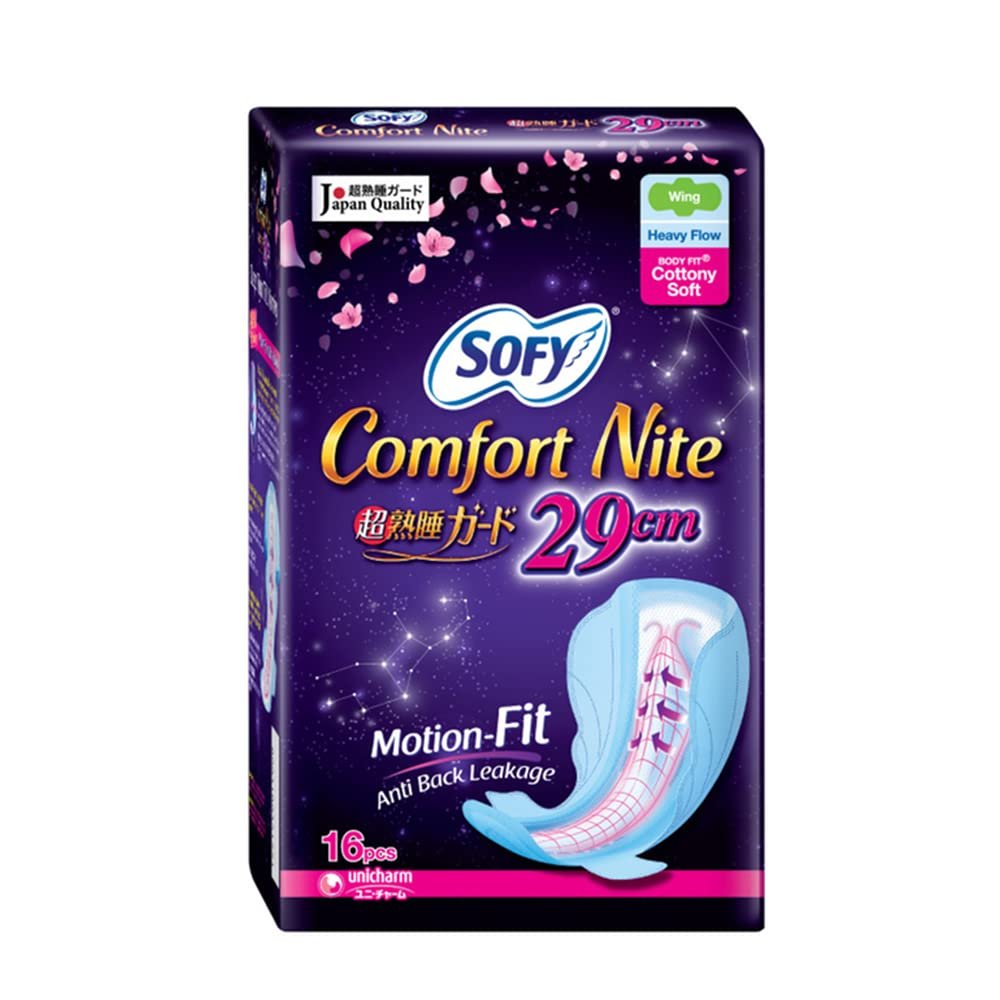 Sofy Body Fit Night Slim Wing Pads-Comfort Nite Cotton Soft 29cm 16S, Instant & Speedy Absorption with Raised Center