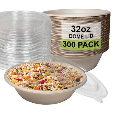 EcoQuality [2 Pack of 150] 32oz Round Disposable Bowls with Dome Lids Natural Sugarcane Bagasse Bamboo Fibers Sturdy Compostable Eco Friendly Environmental Paper Plastic Bowl Alternative Tree Free