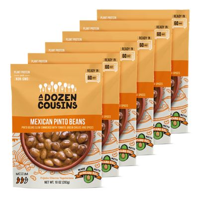 A Dozen Cousins Vegan Mexican Pinto Beans 6pk, Seasoned Healthy Microwave Beans in Avocado Oil, Ready to Eat Prepared Food, Easy Plant Protein with Fiber, Gluten Free Quick Meal, Clean Ingredients
