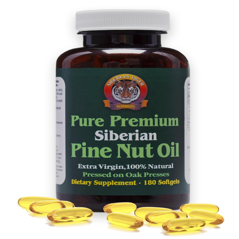 100% Pure Siberian Pine Nut Oil Capsules, Premium Quality, Cold Pressed Using Wooden Presses, No Preservatives or Additives, Benefits Digestive Health & Aids Gastritis, Ulcers, IBS  180 Count
