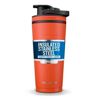 Ice Shaker Insulated Stainless Steel Shaker Bottle | 26oz, Orange | Cold for 30+ Hours | Insulated Cup with Twist-on Agitator | Odor-Free Bottle for Protein Shakes, Water, Smoothies, Cocktails