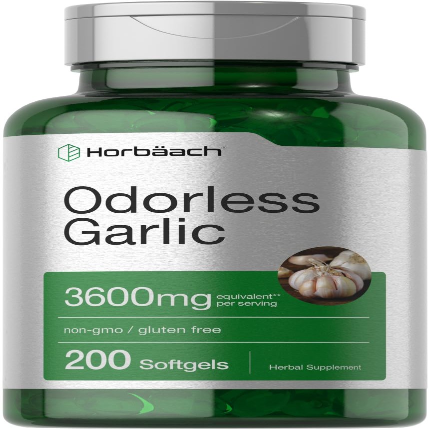Horbach Odorless Garlic Softgels | 200 Count | Ultra Potent Garlic Extract | Non-GMO & Gluten Free Supplement