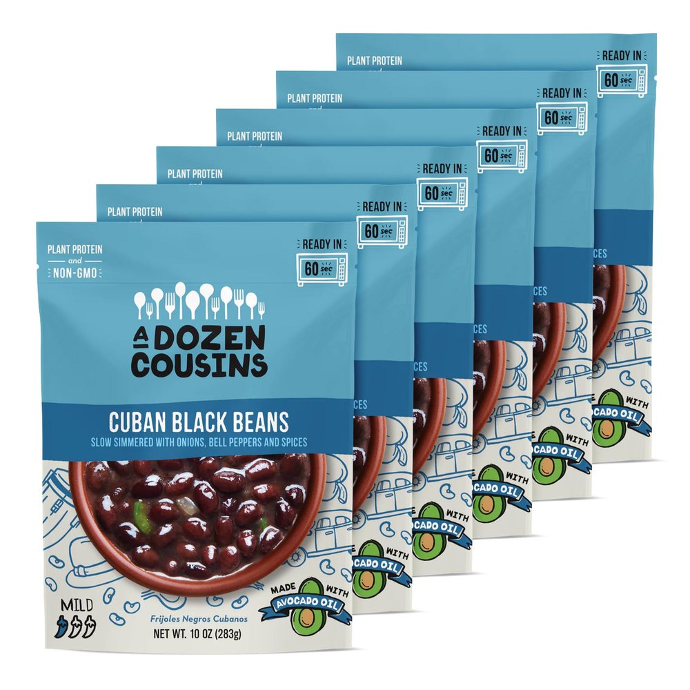 A Dozen Cousins Vegan Black Beans 6pk, Seasoned Healthy Microwave Cuban Black Beans in Avocado Oil, Ready to Eat Prepared Food, Easy Plant Protein with Fiber, Gluten Free Quick Meal, Clean Ingredients