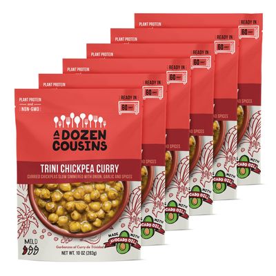 A Dozen Cousins Trini Chickpea Curry Beans (6-Pack) Prepared Food Pouch, Ready to Eat Meal in Seasoned Avocado Oil, Premade Microwave Meal, Instant Chickpea Curry, Gluten Free, Plant Protein & Fiber