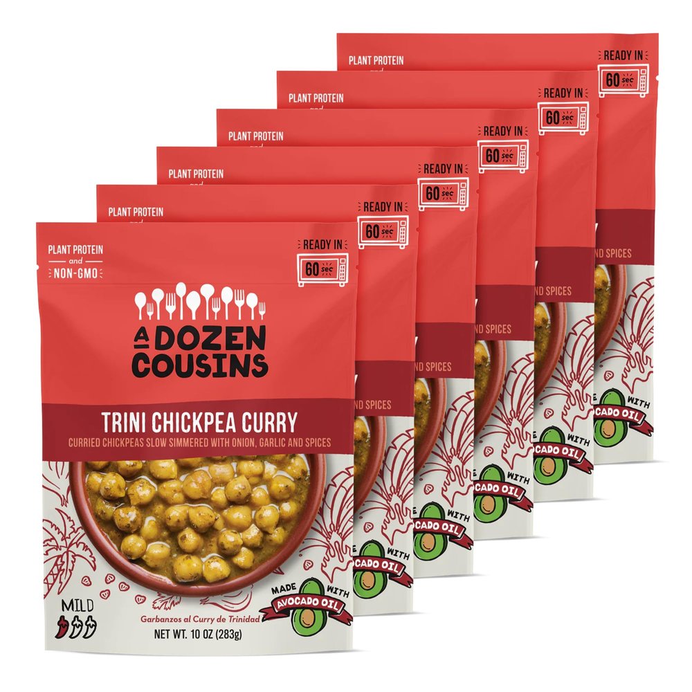 A Dozen Cousins Trini Chickpea Curry Beans (6-Pack) Prepared Food Pouch, Ready to Eat Meal in Seasoned Avocado Oil, Premade Microwave Meal, Instant Chickpea Curry, Gluten Free, Plant Protein & Fiber