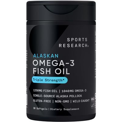 Sports Research Omega-3 Fish Oil 1250 - Triple Strength Fish Oil Supplement from Wild Alaska Pollock - MSC Certified Sustainable Non-GMO Soy Free - 30 Softgel Capsules