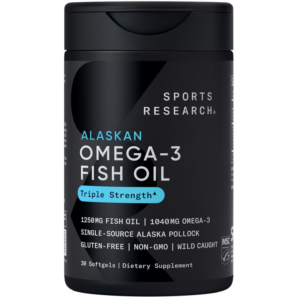 Sports Research Omega-3 Fish Oil 1250 - Triple Strength Fish Oil Supplement from Wild Alaska Pollock - MSC Certified Sustainable Non-GMO Soy Free - 30 Softgel Capsules