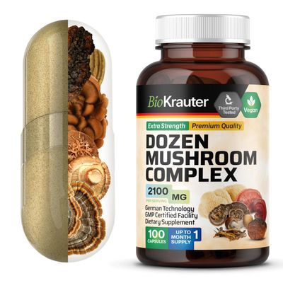 BIO KRAUTER Mushroom Complex for Immune Support 12-in-1 Lions Mane, Turkey Tail, Cordyceps, Chaga, Maitake, Reishi and More - 2100 mg per Serving 100 Caps, No Fillers, Non-GMO, 33 Days of Supply
