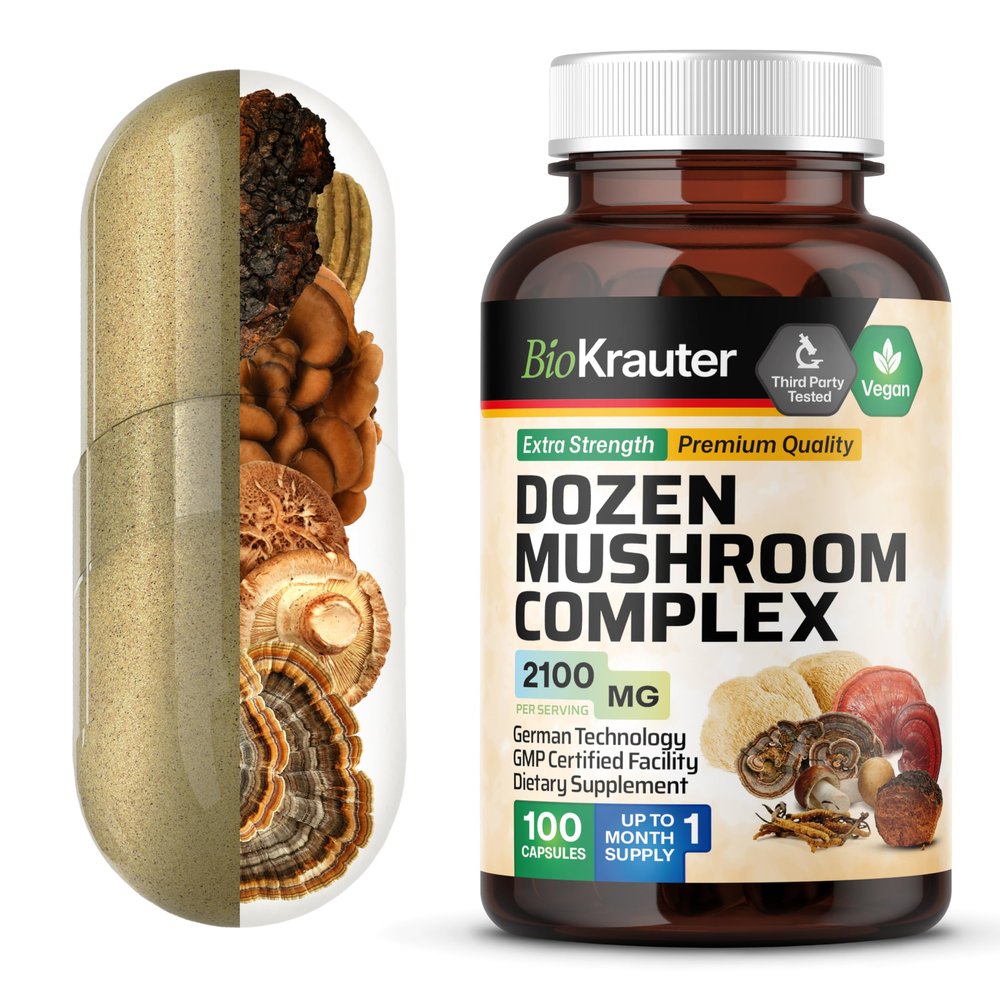 BIO KRAUTER Mushroom Complex for Immune Support 12-in-1 Lions Mane, Turkey Tail, Cordyceps, Chaga, Maitake, Reishi and More - 2100 mg per Serving 100 Caps, No Fillers, Non-GMO, 33 Days of Supply