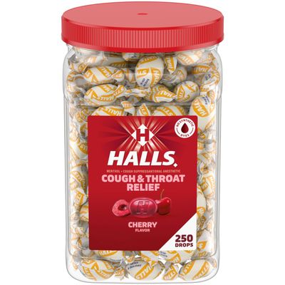 Halls Cough and Throat Relief Cherry Cough Drops, Bulk Pack, 250 Drops