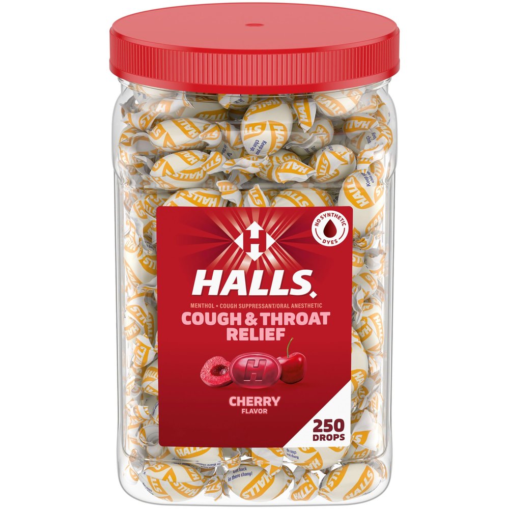 Halls Cough and Throat Relief Cherry Cough Drops, Bulk Pack, 250 Drops