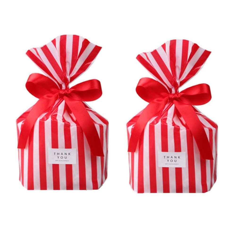 Clear Cello Bags Gold Polka Dot Striped Candy Bags Snack Wrapping Cellophane Bags Party Favor Bags for Birthday Christmas Baby Shower Wedding,10inch x 6inch x 2inch, Pack of 100 (Red Striped)