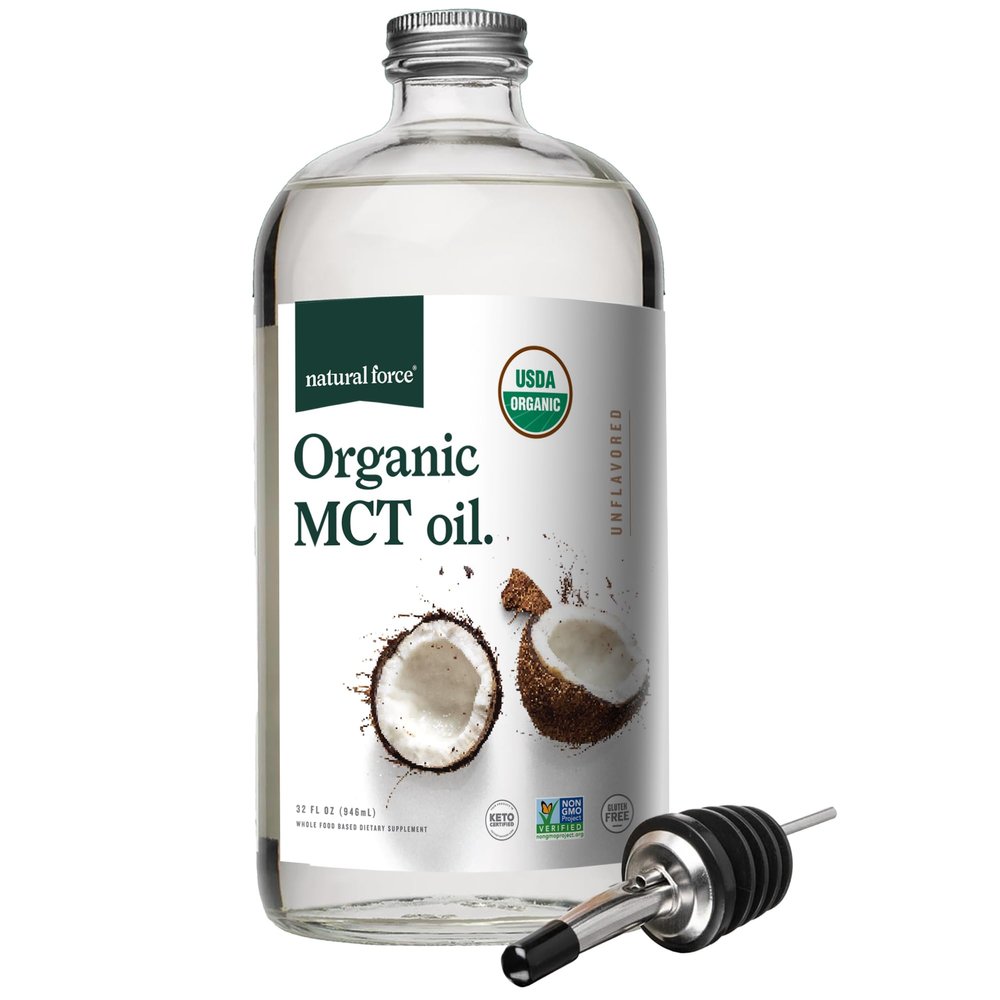 Natural Force Organic MCT Oil Pure Glass Bottle Made from 100% Virgin Coconut Oil + Certified Keto, Paleo, Kosher, Vegan & Non-GMO Lab Tested for Quality and Purity - 32 Ounce