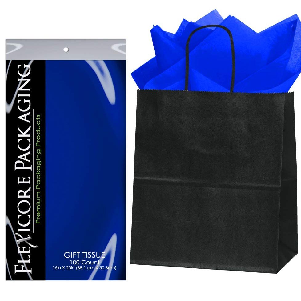 Flexicore Packaging | 8"x4.75"x10.25" Black Kraft Paper Gift Bags + Gift Tissue Paper (Royal Blue, 5 Bags)