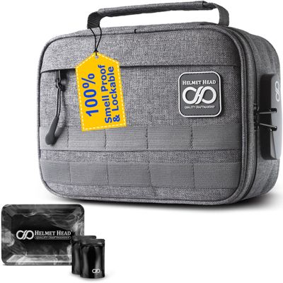 HELMET HEAD Smell Proof Bag with Lock, Smell Proof Stash Bag comes with a Metal Tray and Mylar Bags, this Smell Proof Case Offer Plenty of Room to keep all your Herbs Securely Together (Gray)
