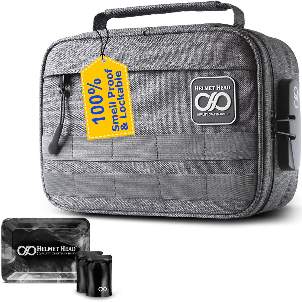 HELMET HEAD Smell Proof Bag with Lock, Smell Proof Stash Bag comes with a Metal Tray and Mylar Bags, this Smell Proof Case Offer Plenty of Room to keep all your Herbs Securely Together (Gray)