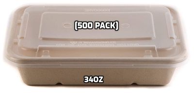 [2 Pack of 250] 34oz Compostable Eco Friendly Container Trays with Lids - Rectangular Oblong Tree Free Sugarcane Bagasse Meal Prep Bento Boxes Take Out Catering Microwavable Deep Container