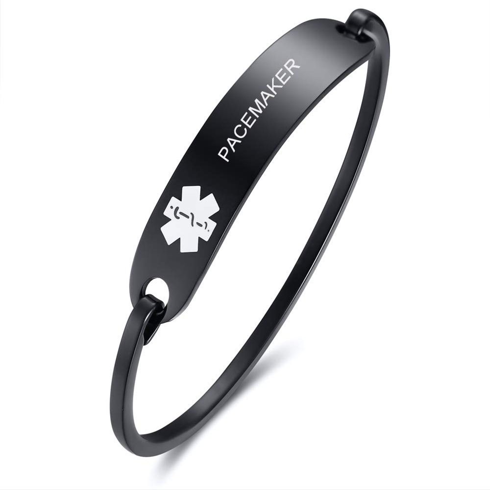 VNOX PACEMAKER Medical Alert ID Black Stainless Steel Emergency Cufff Bangle Bracelet for Women,5.7-6.9"