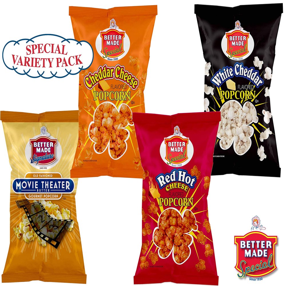 Better Made Special Variety Pack Popcorn - Pack of (8) - 2.75oz Bags  2 Each Movie Theater Butter, White Cheddar, Cheddar Cheese, Hot Cheese Popcorn Variety Pack