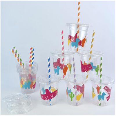 Fiesta Party Cups with Lids and Paper Straws, Taco Birthday or Baby Shower, Set of 12