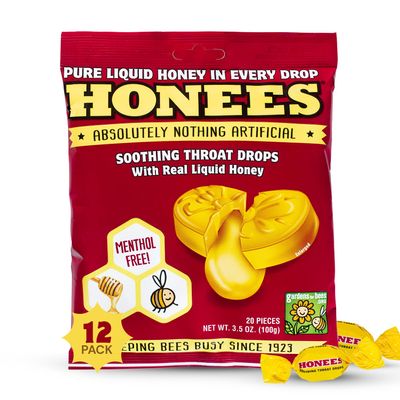 Honees Honey Filled Drops, Honey Cough Drops with Real Honey-Natural Sore Throat Relief-Nothing Artificial-Throat Coat Lozenges, Natural Cough Suppressant, Non-GMO (12 Pack 240 Drops)