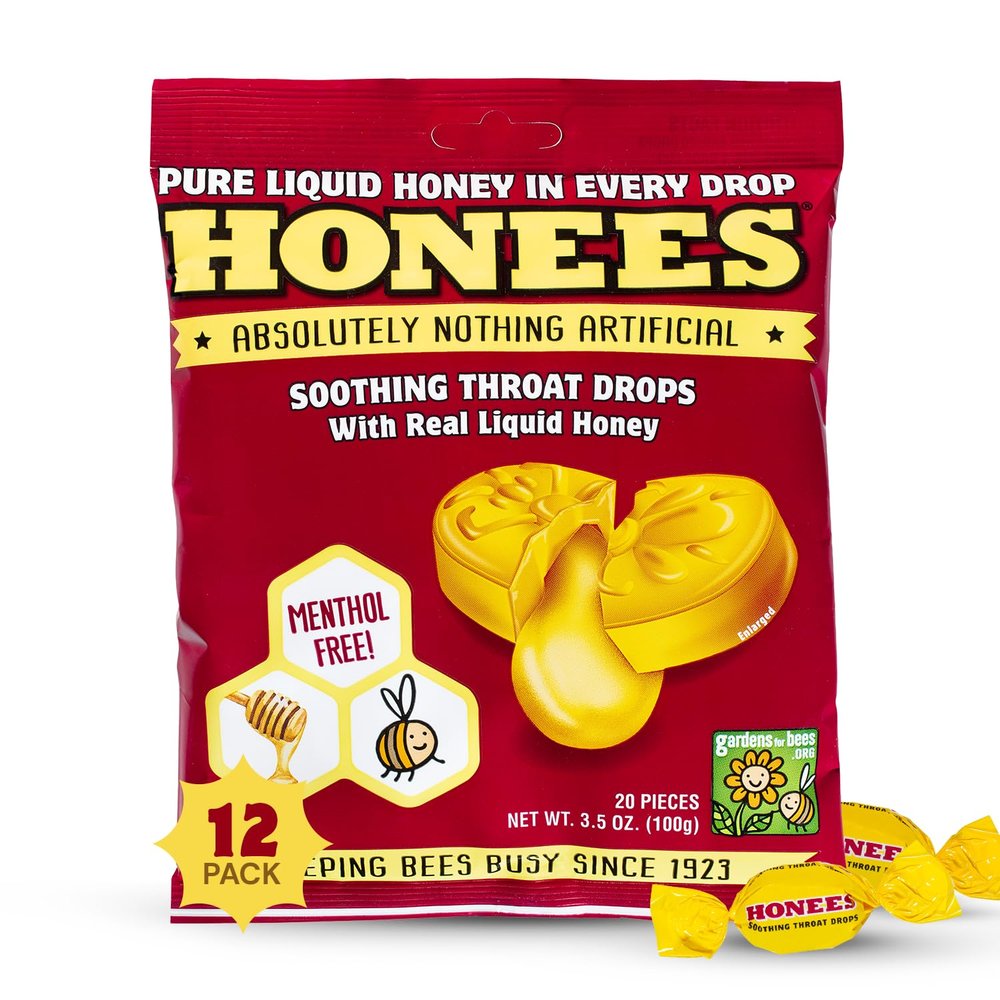 Honees Honey Filled Drops, Honey Cough Drops with Real Honey-Natural Sore Throat Relief-Nothing Artificial-Throat Coat Lozenges, Natural Cough Suppressant, Non-GMO (12 Pack  240 Drops)
