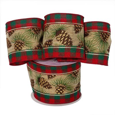 4" X 10 Yards Pine & Plaid Fabric Wide Ribbon Christmas