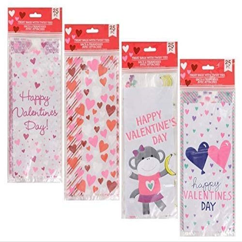 Valentine's Heart-Themed Cellophane Treat Bags with Twist Ties, 25-ct. Packs Great for Goody Bags and Candy Gifts Bags