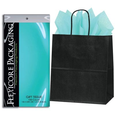 Flexicore Packaging | 8"x4.75"x10.25" Black Kraft Paper Gift Bags + Gift Tissue Paper (Aqua, 5 Bags)