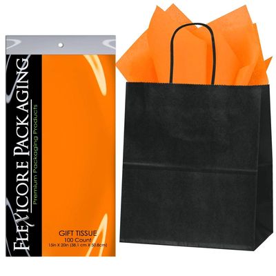 Flexicore Packaging | 8"x4.75"x10.25" Black Kraft Paper Gift Bags + Gift Tissue Paper (Tangerine Orange, 5 Bags)
