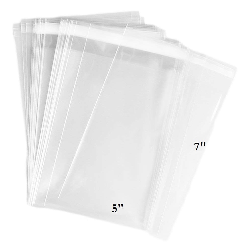 200ct Adhesive Treat Bags 5x7 Clear - 2.0 mils Thick w Reinforced Edges Self Sealing OPP Plastic Bags for Bakery Cookies Party