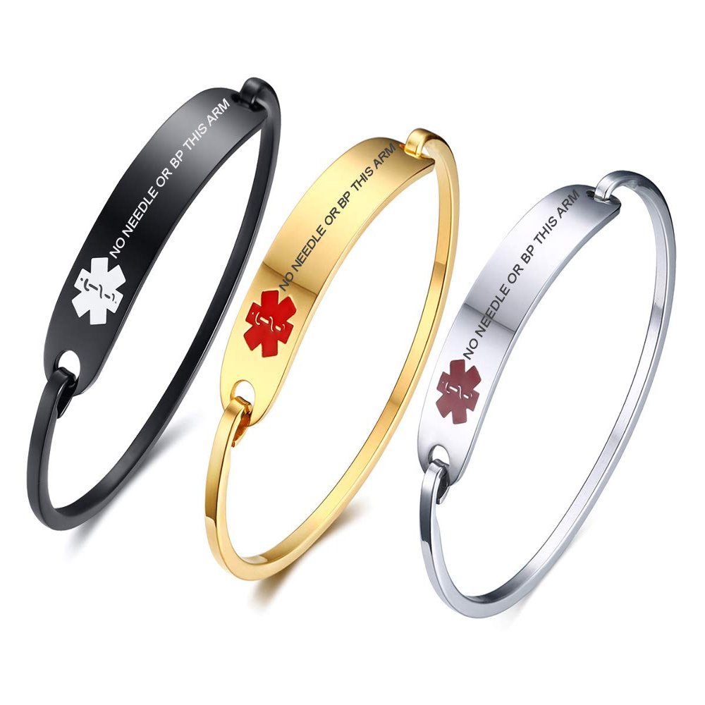 VNOX 3 Color/Set Medical Alert Emergency Stainless Steel NO Needle OR BP This ARM Safety ID Cufff Bracelet