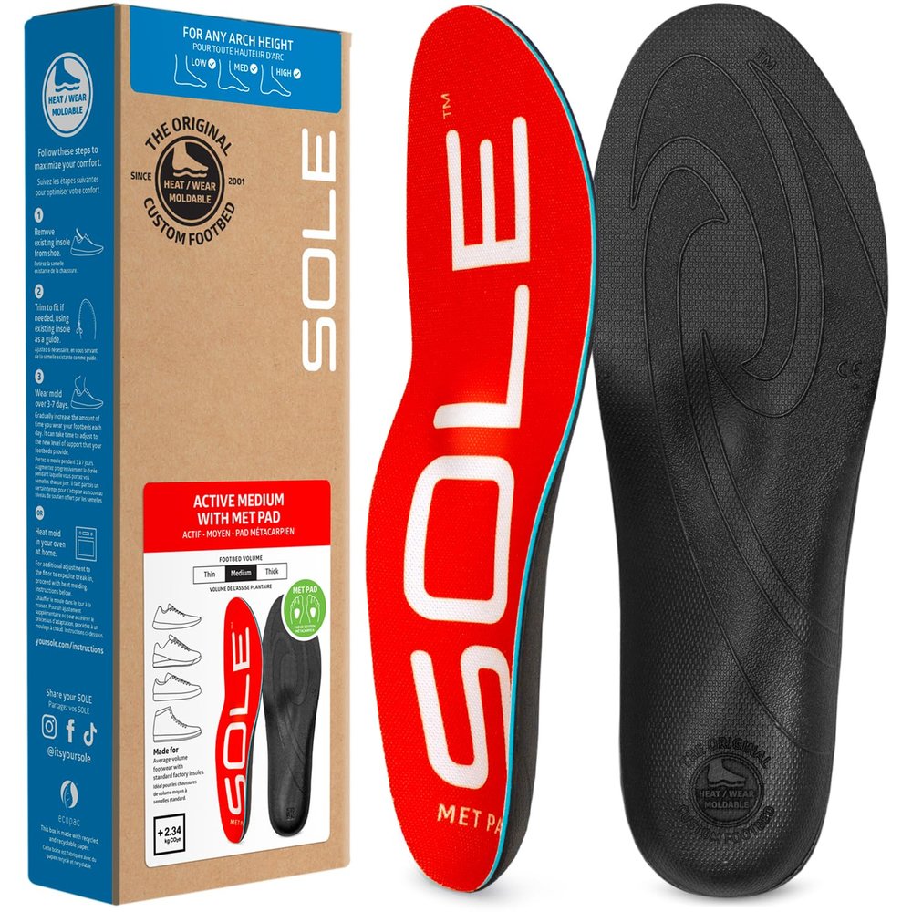 SOLE Active Medium + Met Pad Insoles - Custom Moldable Orthotic Support for Any Arch Type, Plantar Fasciitis Relief - Mens 5/Womens 7, 1 Pair