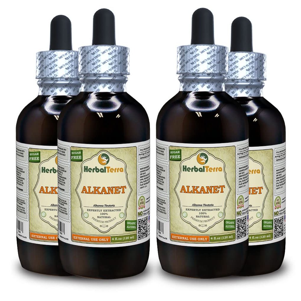 Alkanet (Alkanna Tinctoria) Tincture, Dried Root Liquid Extract (Brand name: HerbalTerra, Proudly made in USA) 4x4 fl.oz (4x120 ml)