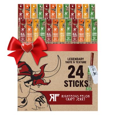 Righteous Felon Variety Meat Sticks | 100% Grass Fed Beef, Turkey, Pork | Keto, Gluten-Free, Low Sugar, High Protein Healthy Snacks | Valentines Day Gifts for Men | Jerky Variety Pack, 24 Count