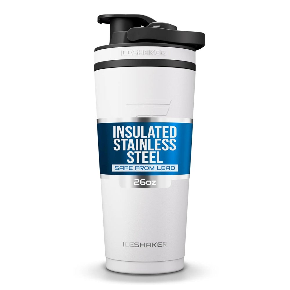 Ice Shaker Insulated Stainless Steel Shaker Bottle | 26oz, White | Cold for 30+ Hours | Insulated Cup with Twist-on Agitator | Odor-Free Bottle for Protein Shakes, Water, Smoothies, Cocktails