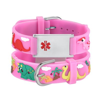 LinnaLove Medical Alert Bracelets Cartoon Emergency ID bracelets with customize engraved (Pink Dinosaur)